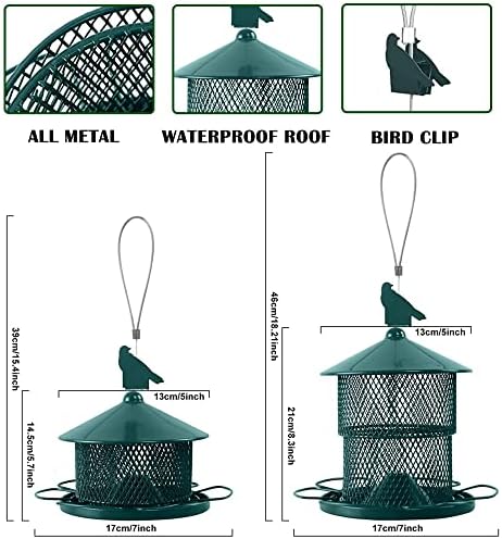 Metal Bird Feeder for Outside Hanging, Bird Feeders Squirrel Proof, 4 Lbs Capacity Iron Mesh Durable Wild Outdoor Birdfeeder with 6 Perches for Finch Cardinals,Gifts for Birds Lovers- Green