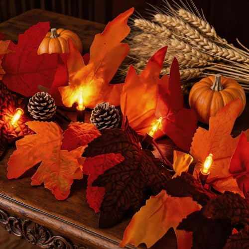 2Pack 9Ft 50 LED Maple Leaf Garland Battery Operated with Timer,8 Modes Waterproof Fall Decorations for Home Fall Garland with Lights for Fall Thanksgiving Table Harvest Home Indoor Decorations