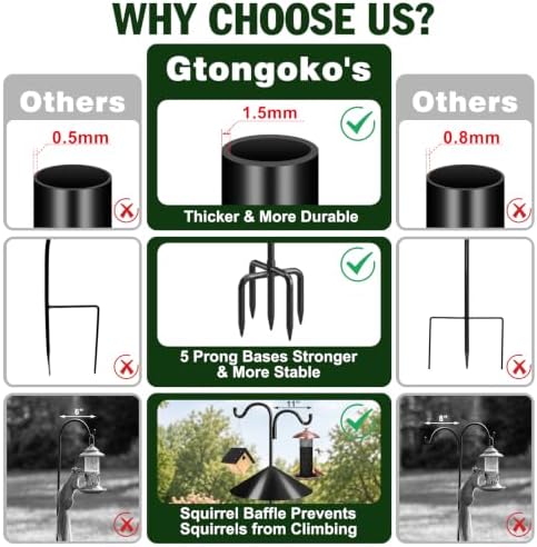 Gtongoko Squirrel Proof Bird Feeder Pole, 92" Shepherds Hook with Baffle