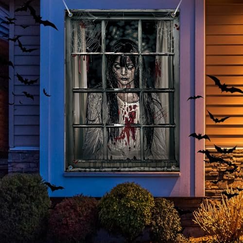 Halloween Ghost Curtains Decorations, Halloween Window Silhouettes Scary Screen- Little Girl Window Cover Decor for Indoor Wall Outdoor Party Decorations