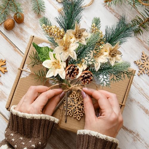 Sggvecsy 6 Pack Artificial Christmas Poinsettia Picks With Faux Berries, Pine Stems, Branches and Cones for Xmas Tree Wreath DIY Craft Floral Arrangement Holiday Decor (Gold)