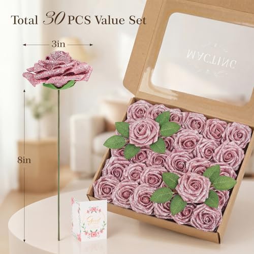30PCS Pink Glitter Artificial Roses with Stems, Real Touch Foam Flowers