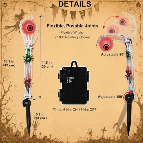 Halloween Decorations Skeleton Arms Hands 2 Packs with Blue Eyeball Lights