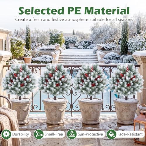 Goplus Artificial Cedar Topiary Ball Trees Set of 2, 27.5" Faux Pine Needle Bushes with Ground Spikes, Sun-Resistant Indoor Outdoor Fake Shrub Plants for Front Porch, Patio, Yard Winter Decor