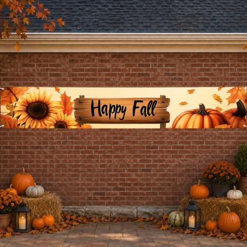 BlissYard Happy Fall Banner 118 x 20 inchs Autumn Thanksgiving Outdoor Decorations Backdrop Happy Fall Yard Signs Party Supplies Autumn Sunflower Pumpkin Front Porch Hanging Banner