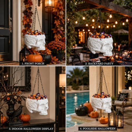 Halloween Trick Or Treat Skull Candy Bowl Hanging Gothic Skeleton White Pot