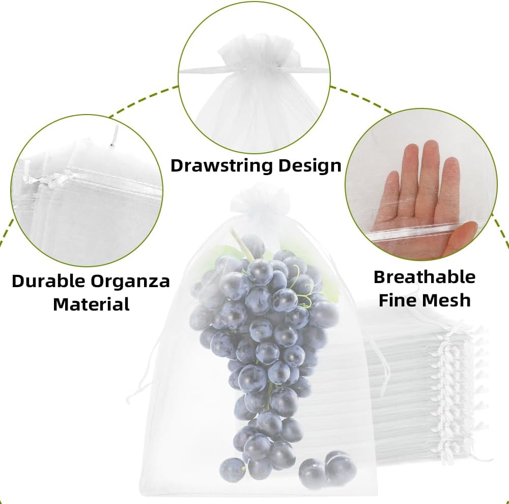100Pcs Fruit Protection Bags 8''×12'' Fruit Netting Bags for Fruit Trees White Fruit Netting Cover Mesh Bags with