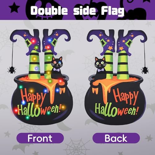 Halloween Lighted Garden Flag 12"x18" – Witch Legs in Cauldron Shape with LED Lights, 8 Lighting Modes, Double Sided Yard Decoration with Solar Panel and Stake for Outdoor Lawn Porch