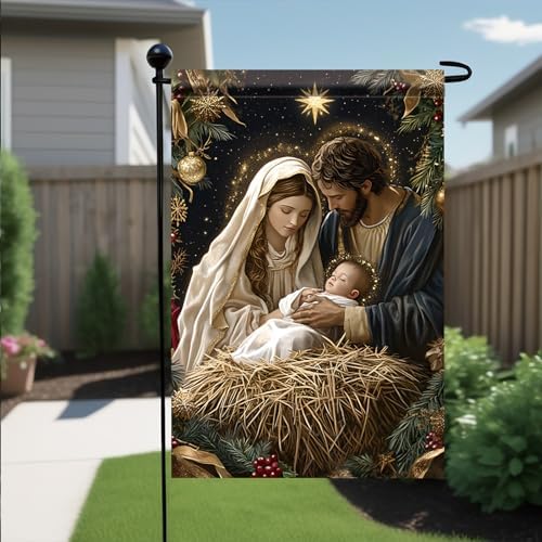 Christmas Garden Flag Holy Family Nativity Scene Jesus Mary Joseph 12x18 Inch Double Sided Outdoor Yard Banner for Religious Christmas Decoration Christian Birth of Christ Decor