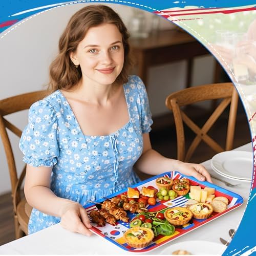Vesici 4 Pack World Flag Serving Trays 13x10 Melamine Platters for Around the World Party Decorations, Rectangular International Map Dishes for Multicultural Global Theme Appetizers, Missionary Events