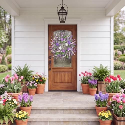 Sggvecsy Spring Summer Wreath for Front Door 22 Inch Artificial Purple Flower Wreath with Tulips Greenery Leaves Lavender for All Seasons Home Farmhouse Indoor Outdoor Wall Decor (Purple)
