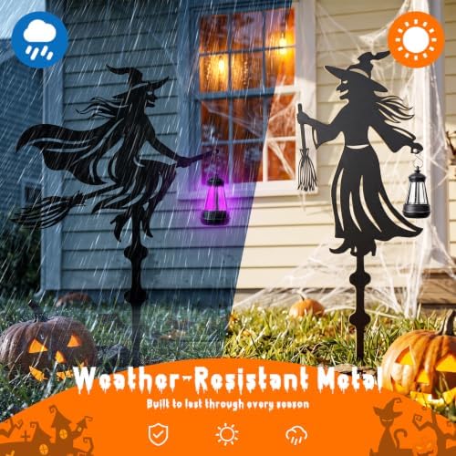 KODIBO Halloween Decor 3-Pack Metal Witch Yard Stakes with Solar Lanterns