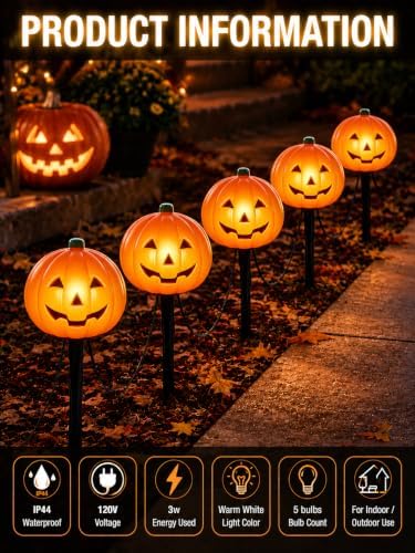10.5FT Halloween Pumpkin Pathway Lights, 5PK C7 LED Pumpkin Stakes Lights