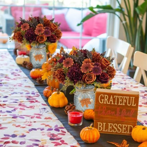 3 Bundles Fall Artificial Flower Arrangements with Vase, Burnt Orange Roses