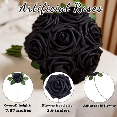 16 Pcs Black Artificial Flowers, Fake Roses with Stems