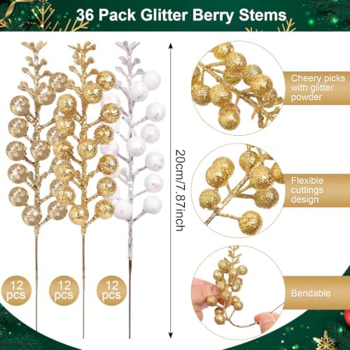 Geosar 36 Pcs Christmas Glittered Berries Stems, Gradient Gold
