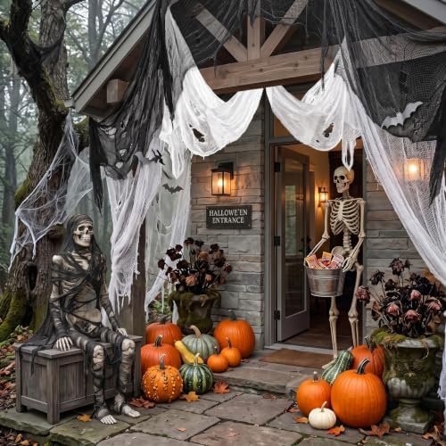 6 Pack Creepy Cloth 30 x 72 Inch, Spooky Halloween Polyester Decorations Scary Gauze Cloth Doorways Indoor Halloween Decorations Outdoor Yard Home Wall Decor(4 Black 2 White)