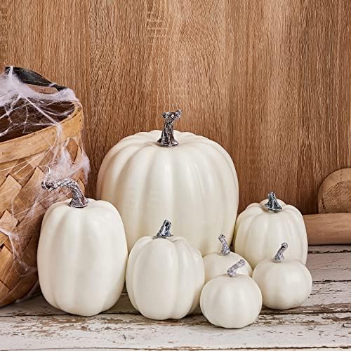 7Pcs Artificial Pumpkins of all Styles Halloween Decoration Rural Style Farmhouse Foam Pumpkin Harvest Season Thanksgiving Day is Suitable for Table top House Dining Table Party Decoration (White)