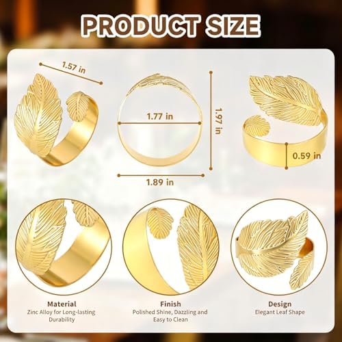 Gold Napkin Rings Set of 12, Solid Metal Laurel Leaf Table Decor