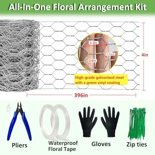 Floral Chicken Wire for Craft Kit, 4" x 396" Lightweight Chicken Wire for Floral Arrangement, Hexagonal Galvanized Chicken Wire Netting with Floral Tape, Plier, Tie, Gloves(Silver,4" x 396")