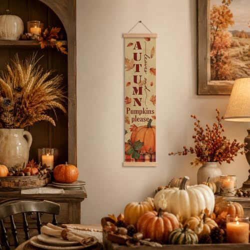 Fall Front Door Decor, Pumpkins Please Autumn Hanging Banner for Porch