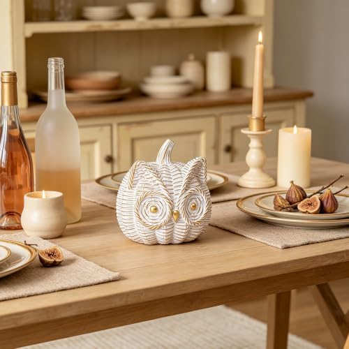 Fall Decor Animal Pumpkin Decorations – Owl Fake Pumpkin Resin Woven Design Animal Figurines for Home Table Shelf Mantel, Thanksgiving Halloween Decorations Gifts for Autumn Decor(Gold&White)