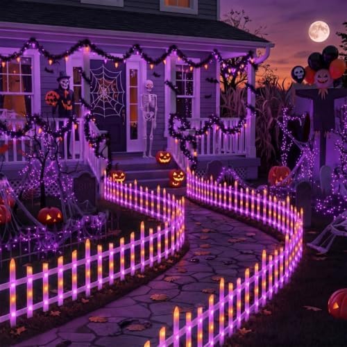 8 Pcs Light up Halloween Fence Outdoor Yard Garden, Purple