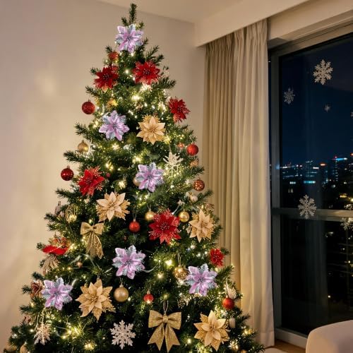 15PCS Artificial Christmas Poinsettia Flowers with Clips and Stems, 5.5 Inch Glitter Red Xmas Tree Decorations, Holiday Poinsettia Picks Ornaments for Christmas Tree, Wreaths, Garlands & Home