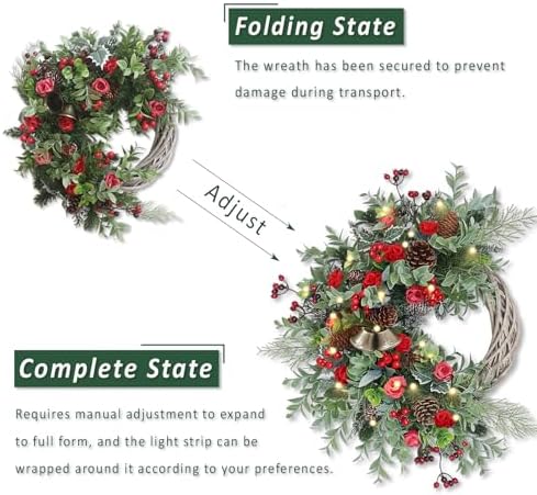 Christmas Wreath for Front Door, Artificial Door Wreaths with LED Lights Bells Berries & Pinecones Christmas Decorations, Xmas Wreaths for Wall Window Fireplace Holiday Home Decor