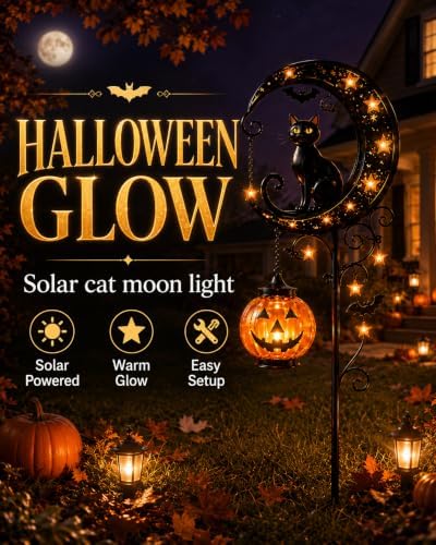 Halloween Garden Decorations Solar Cat Garden Lights Stake Outdoor Lantern Pumpkin Moon Yard Black Cat Waterproof Night Decor Holiday Jack Star LED Pathway Lawn Porch (C)