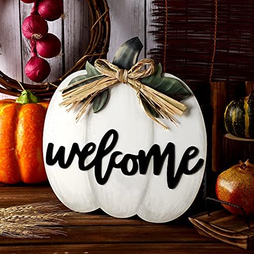 Jetec Fall Door Decor, Wooden Fall Pumpkin Welcome Sign Hanger, White