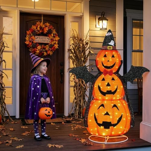 5 FT Halloween Lighted Pumpkins Outdoor, Jack-o'-Lantern, 130 LEDs