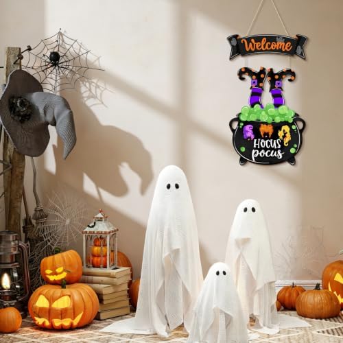 Halloween Witches Door Sign, Hocus Pocus Wreath Wooden Hanging Decor, Witch Legs Cauldron Front Door Hanger, Happy Halloween Welcome Plaque for Porch Home Farmhouse Wall Decor Holiday Party Supplies