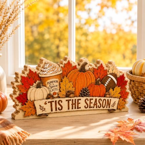 Fall Pumpkin Decor Wooden Sign, Tis the Season Football Tabletop Decor