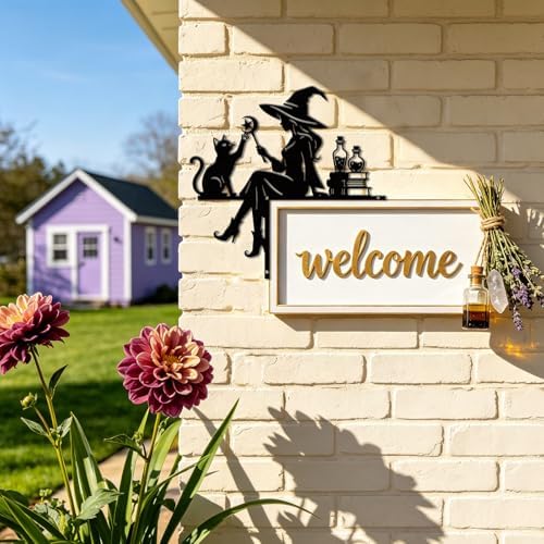 CUTHOLLOW Witch and Black Cat Door Topper Sign Metal Wall Art Decor