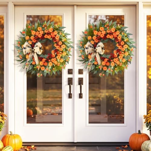 26" Fall Wreaths for Front Door, Fall Wreath with Red Berries & Bow