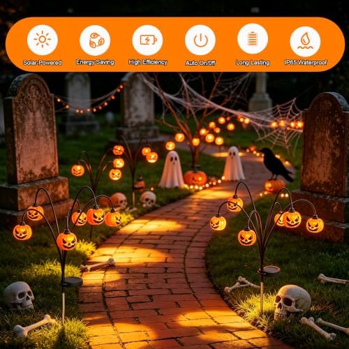 Halloween Solar Lights Outdoor, 2 Pack Waterproof Pumpkin Stake Lights