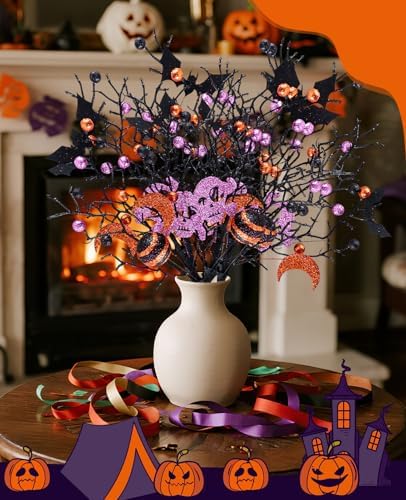 6Pcs Halloween Glitter Berry Picks, Decor Branch Stems for Vase Tabletop Party Decor