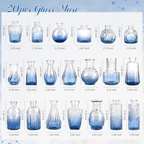 Der Rose 20pcs Glass Bud Vases, Blue Vases for Wedding Home Decorations