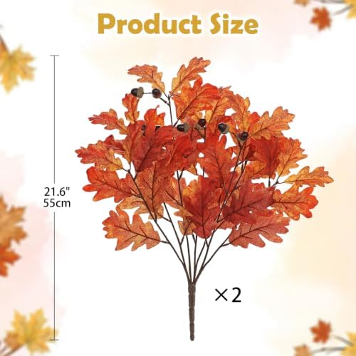 Faux Oak Leaf Branches with Acorns, 2Pcs Fall Stems for Vase, Burnt Orange