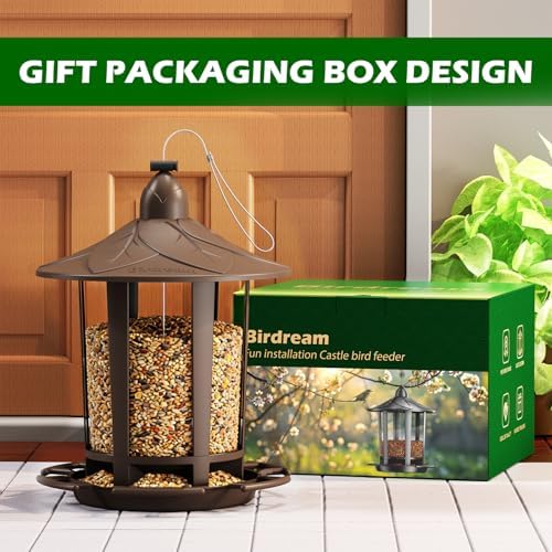 Birdream 2 Pack Bird Feeders for Outdoor Hanging, Assembly Required, 1-Min Easy Setup, Charming Castle Design, Attracting Cardinals Chickadees Goldfinches & Sparrows - Brown
