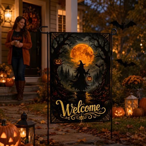 Halloween Decorations - Witch Full Moon Welcome Garden Flag for Outdoor