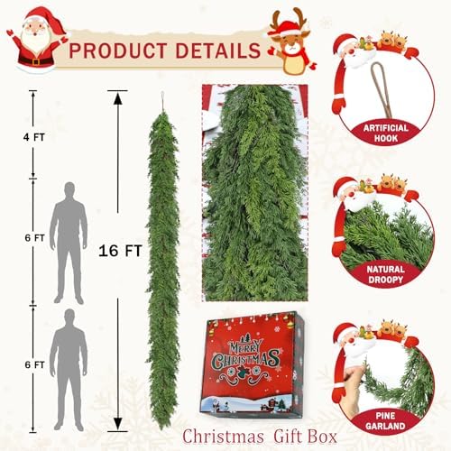 16 Ft Real Touch Christmas Garlands Thick Soft Bendable Pine Cedar Garland