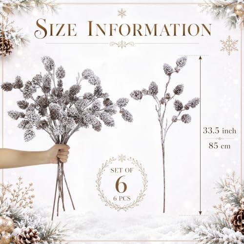 Wavwavw 6 Pcs Snowy Flocked Pinecone Picks 24.8 Inch Artificial Pinecone