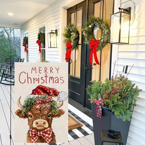 Merry Christmas Cow Garden Flags 12x18 Vertical Double Sided Outside, Highland Cow Yard Flag Outdoor Holiday Seasonal Winter Decorations for Home