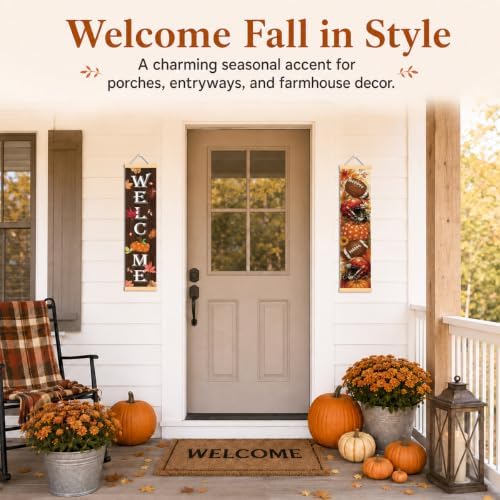 Welcome Fall Door Banner Set of 2, Pumpkin Porch Decor with Football Accent