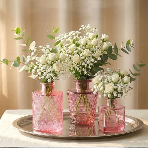 Set of 15 Pink Glass Bud Vases Small Textured Flower Vases