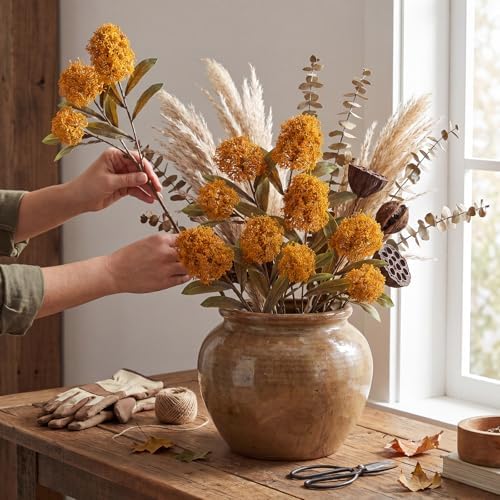 Briful 3PCS Faux Fall Flowers 22.8in Brunt Yellow Skimmia Spray Artificial Flower Branches Fake Fall Skimmia Stems for Autumn Home Vase Floral Arrangement Wedding Party Decor