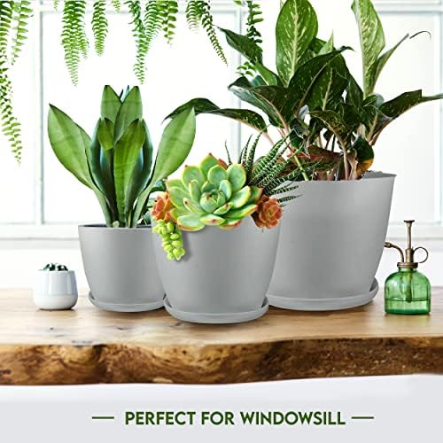 Plant Pots Indoor with Drainage, 5 Pack Multi-Size Planters Set, Grey
