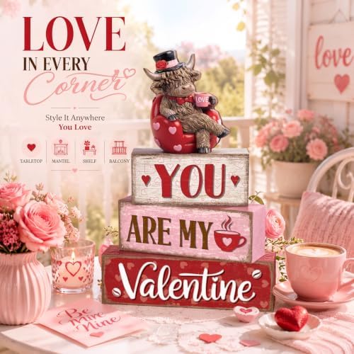 Yousoontic Valentine's Day Highlandcow Block Sign Rustic Tiered Tray Decor